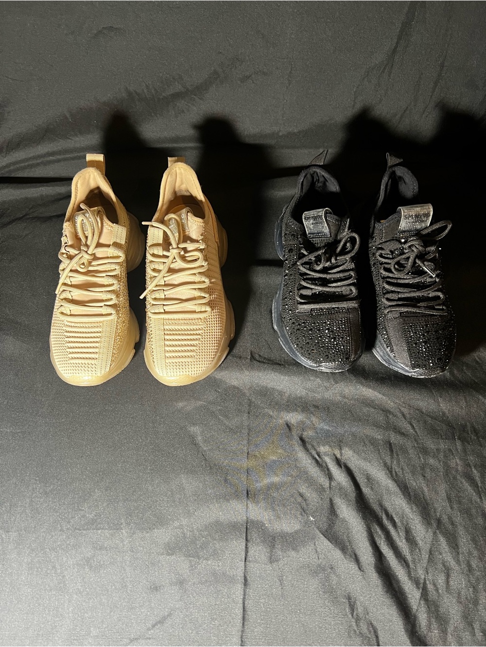 Pair of Steve Madden Knit Sneakers in Tan and Black
